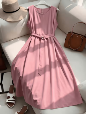 Women's Solid Sleeveless Belted Dress