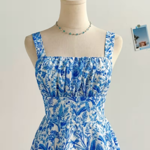 Women's Blue & White Botanical Vacation Maxi Dress