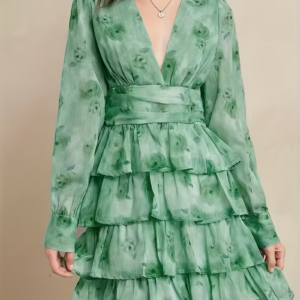 Women's Floral Deep V-Neck Ruffle Hem Dress