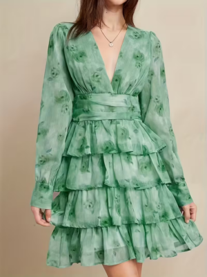 Women's Floral Deep V-Neck Ruffle Hem Dress