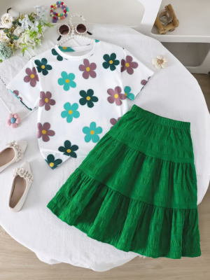 Girls' Floral T-Shirt & Cake Skirt 2-Piece Set