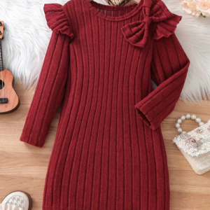 Girls' Elegant Ribbed Bow Knit Dress