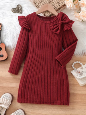Girls' Elegant Ribbed Bow Knit Dress